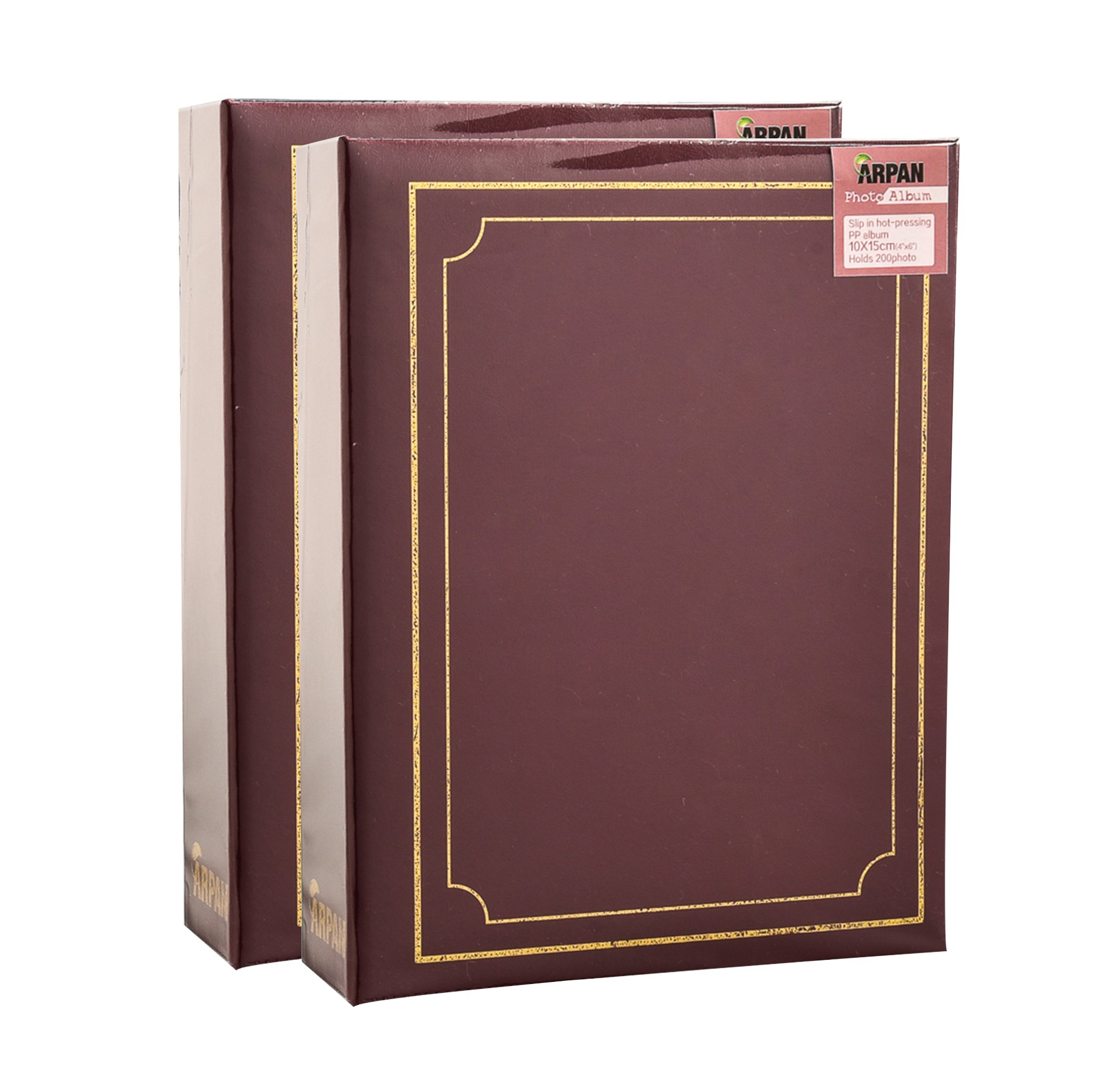 Arpan Photo Album 6x4" 10x15cm for 200 Photos Slip In – Pack of 2 Burgundy Padded Slip In Photo Albums | Photo Albums 6x4 200 Photos Slip In | Arpan Album & Photos Album with CD Pocket and Gold Detail