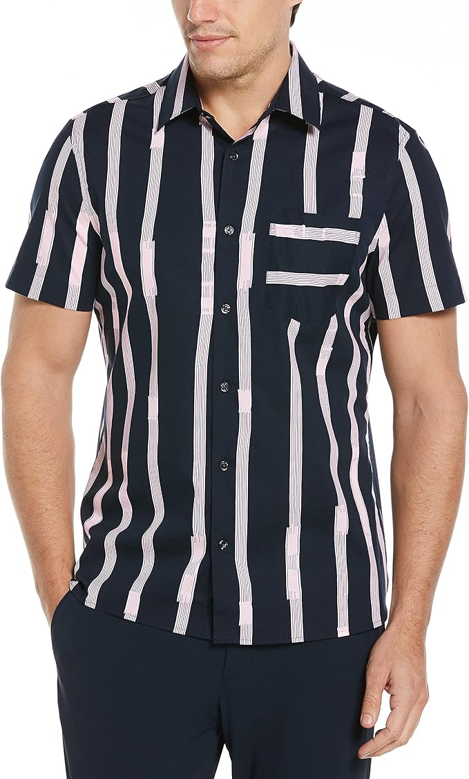 Perry Ellis Men's Marker Stripe Short Sleeve Button-Down Shirt: Amazon.co.uk: Clothing