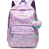 Caran·Y Waterproof Girls School Backpack for Kids 6-18 | Lightweight Durable Book Bag with Cute Love & Starry Sky Design Spacious Elementary Backpack+Charm Pendant(Purple Flowers)