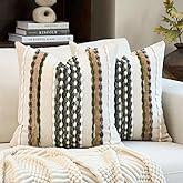 Aeckself Boho Pillow Covers 18x18 Inch Set of 2, Farmhouse Decorative Striped Square Chenille Tufted Accent Neutral Throw Pillow Covers for Living Room Couch Bed, Green