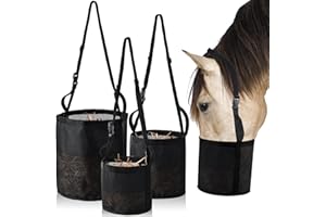 Locmeo 3 Pcs Horse Feed Bag Heavy Duty Mesh Horse Feeder Breathable Grain Bag Mesh Horse Feed Bucket with Adjustable Strap and Waterproof Bottom, Black, 3 Size
