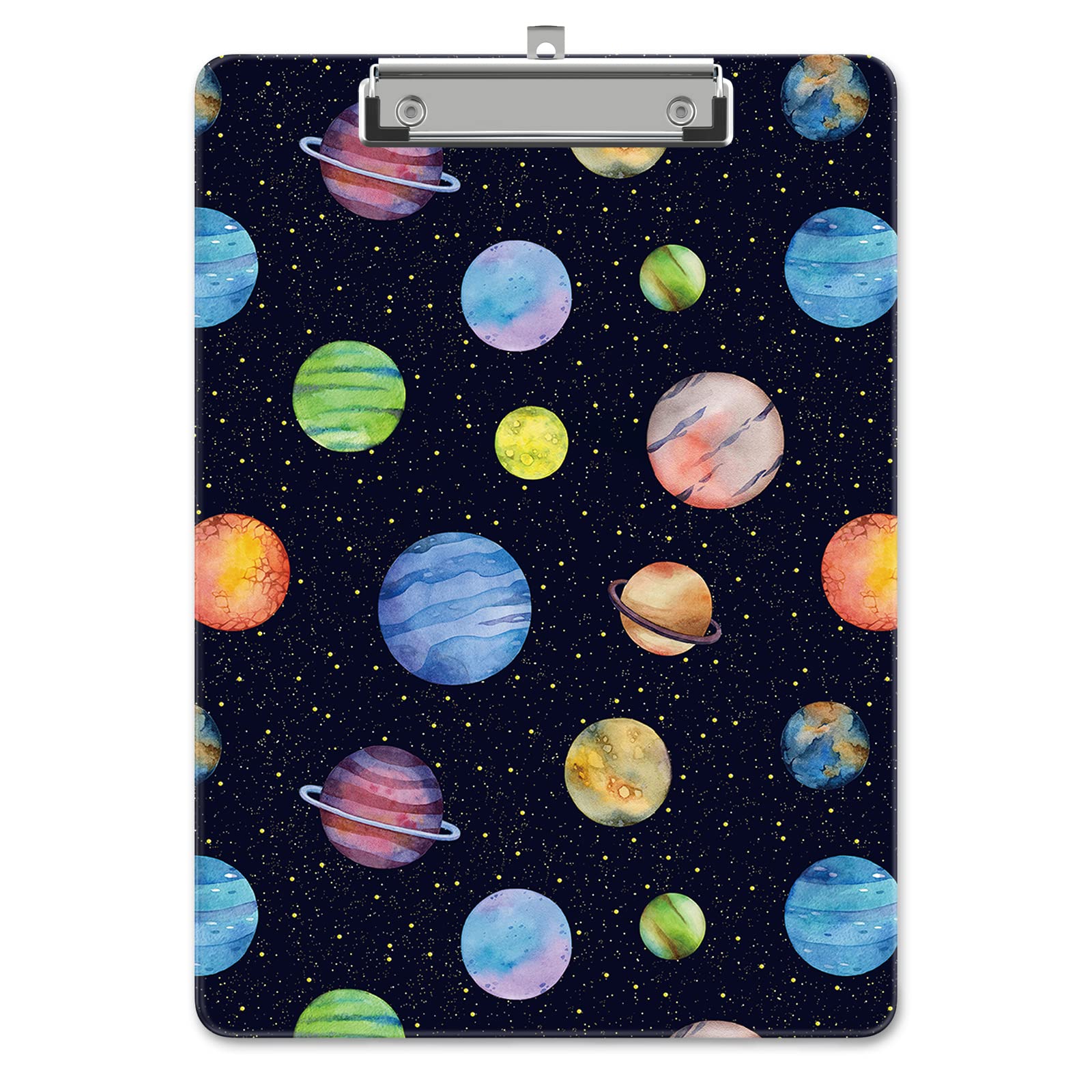 Piasoenc Plastic Clipboard, Cute Decorative Clip Board, 9 x 12.5 in, A4 Standard Office Clip Boards for Nurses, Students, Office, Planet