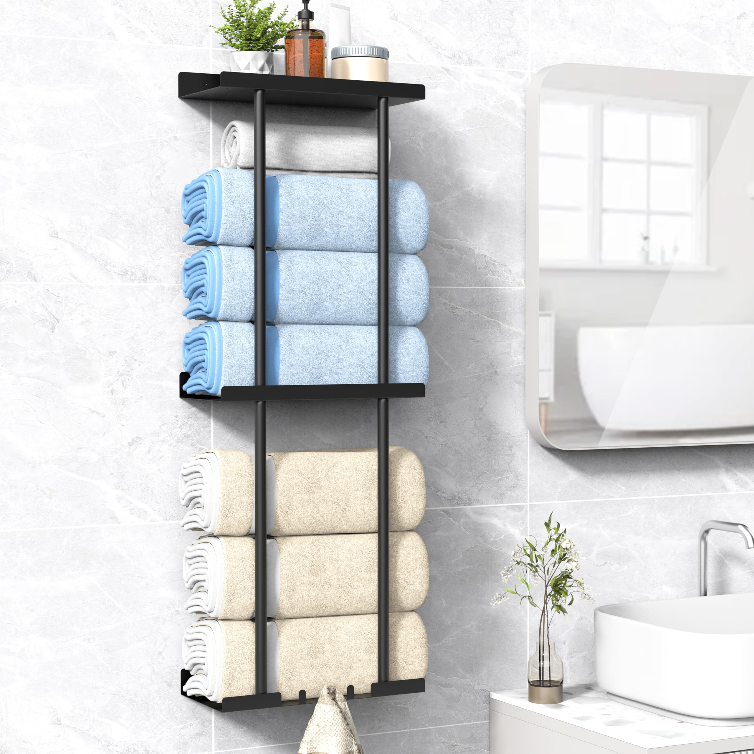 Photo 1 of Towel Rack for Bathroom, Wall Mounted Vertical Rolled Towel Storage Organizer Holder with Shelf, Holds Up 6 Large Bath Sheets, Black Large Size