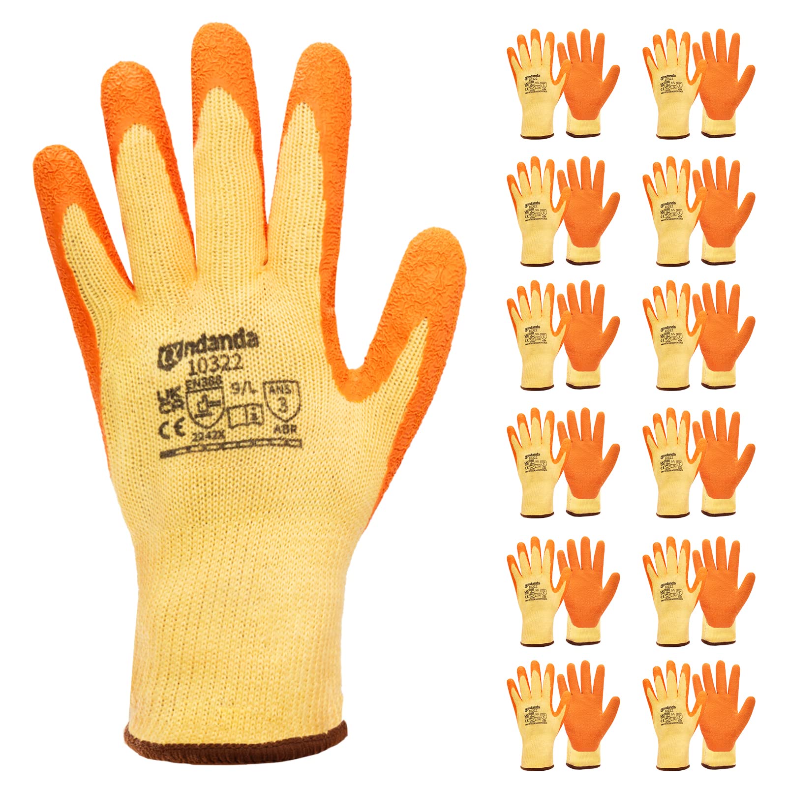 ANDANDA Safety Work Gloves, 12 Pairs, Seamless Knit with Latex Coated, Builders Gloves, Abrasion Resistant, Ideal Work Gloves for Automotive/Machinery/Assembling & Disassembling Equipment, Orange/XL