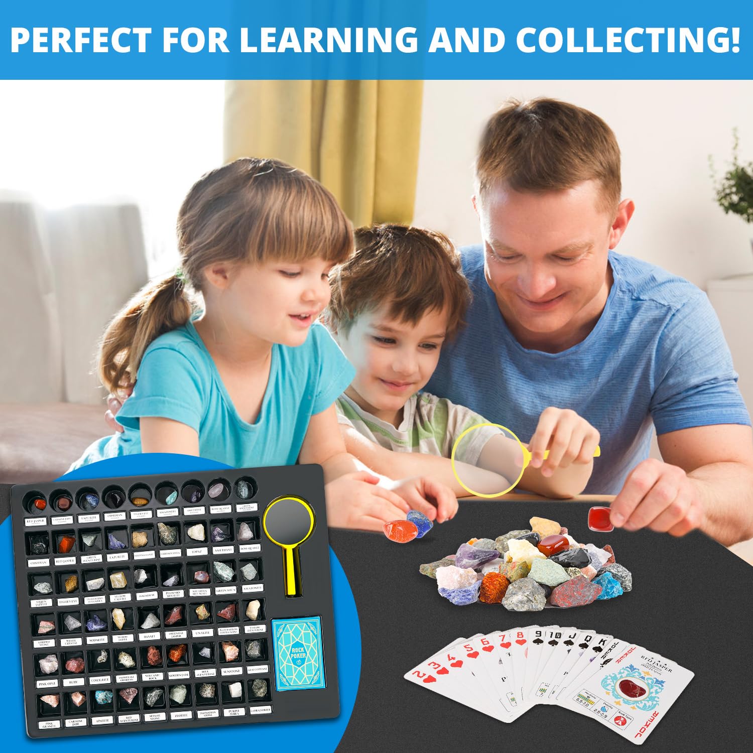Rock Collection Starter Kit - 54 Pcs Assorted Gemstones, Crystals, Rocks & Minerals, with Learning Book & ID Cards, Earth Science Kit Toy, A Geology Gift for Kids & Adults Ages 8+