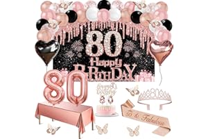 JUESLY 80th Birthday Decorations for Women, 49pcs Black Rose Gold Black Happy 80th Birthday Banner, Tablecloth, Butterfly Decor, Sash and Tiara, Cake Topper, Candles, Balloons Arch