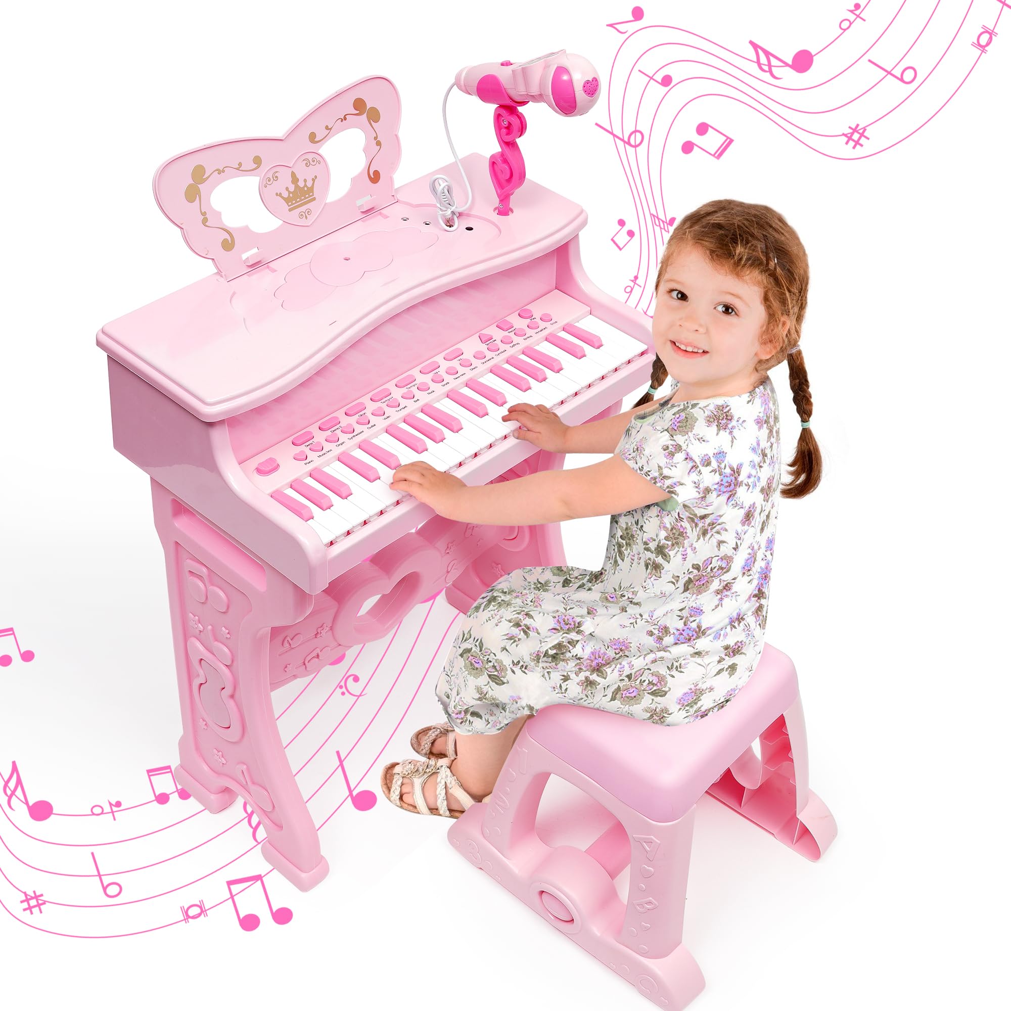 Kids Piano Keyboard 37 Keys Mini Piano with Detachable Legs,Stool Educational Music Toy with Microphone Musical Keyboard Gift for Girl Toddler Baby Music Key Board Pink