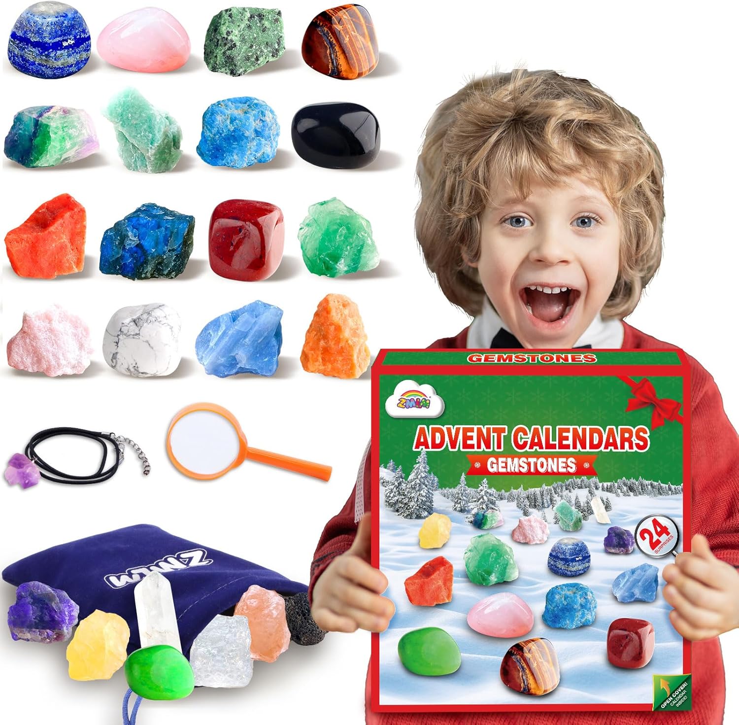 Advent Calendars - ZMLM Christmas Rock Advent Calendar: 24 Days Countdown Surprise with 24 Gemstones for Age 4 5 6 7 8 9-12 Girl Boy Gift Toy Kit & Geological Science Exploration|Natural Mineral Collection|Creative Toys