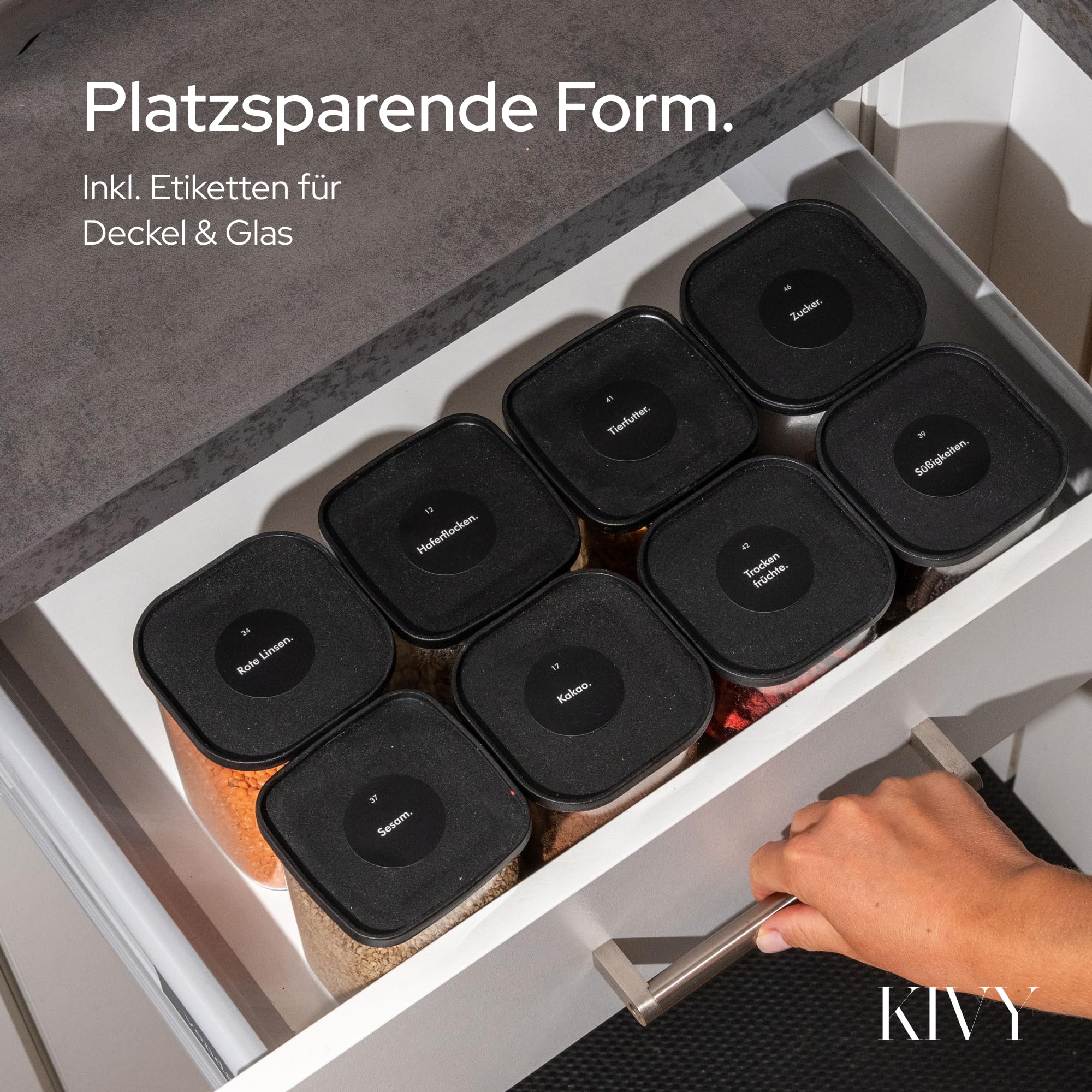 KIVY Vorratsgläser eckig [12er Set] + Etiketten - Stapelbare & Luftdichte Aufbewahrungsgläser mit Deckel - Schwarze Vorratsgläser mit Deckel Luftdicht - Vorratsdosen Glas Aufbewahrung 7