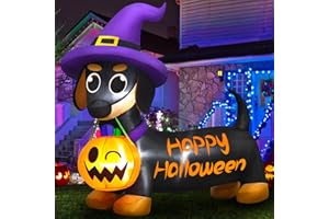 Danxilu 5 FT Halloween Inflatables Outdoor Decorations Cute Dog with Pumpkin & Witch Hat Built-in LED Lights Blow Up Yard Decoration Puppy for Holiday Party Halloween Decor Home Indoor Outside Lawn
