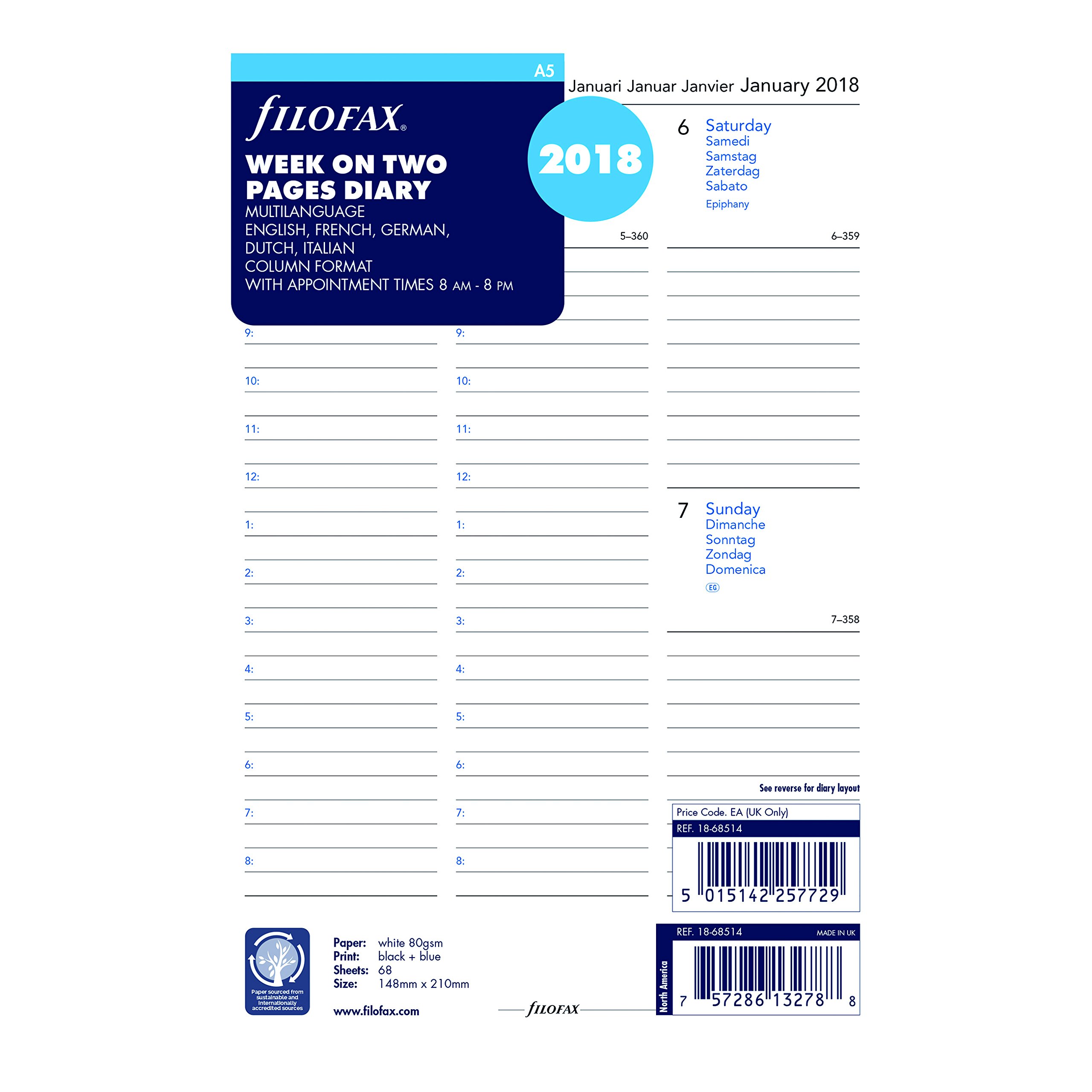 Filofax 2018 A5 Week to View with Appointments Refill, Jan 2018- Dec 2018, 8.25 x 5.75 inches (C68514-18),White paper