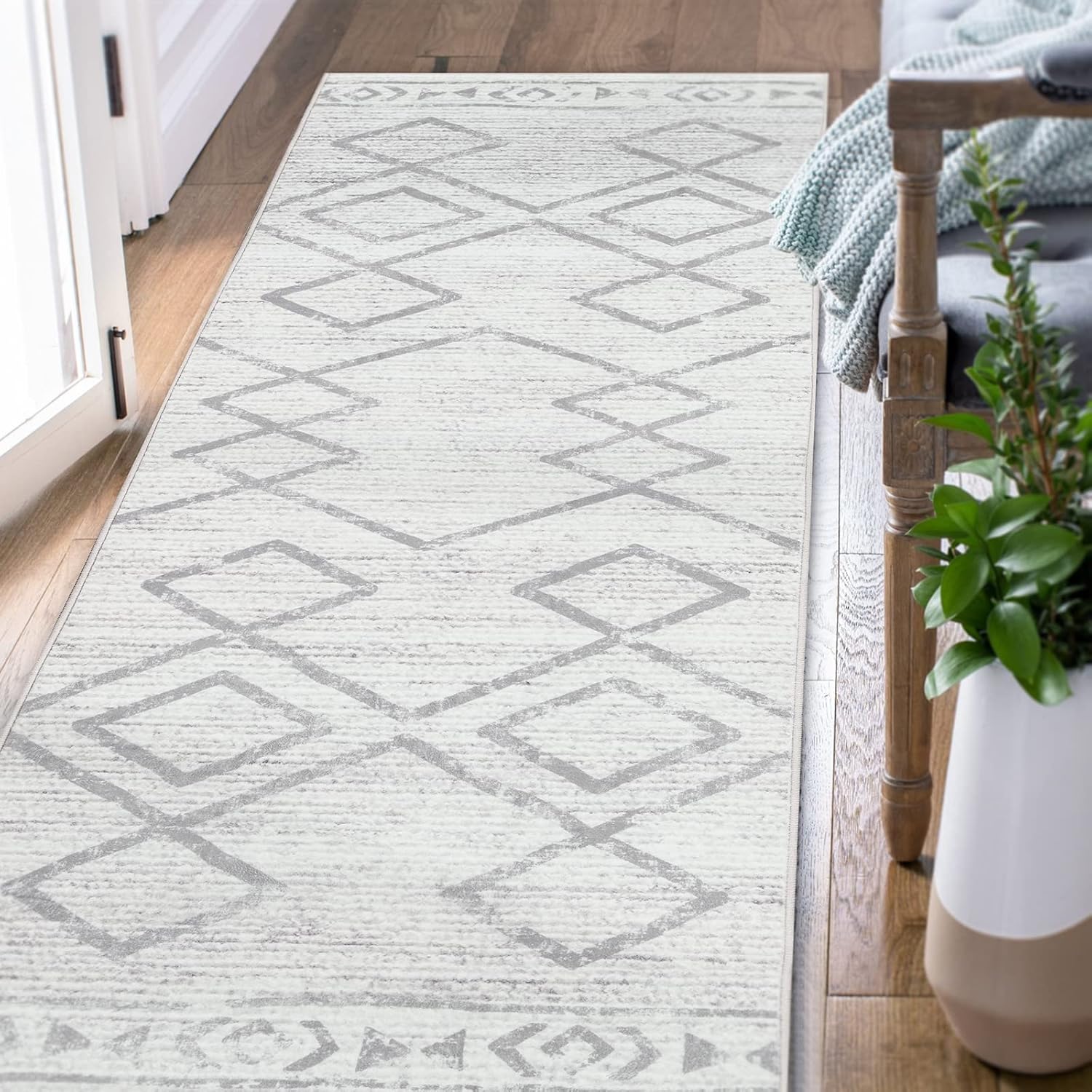 Rugs, Pads & Protectors - jinchan Runner Rug 3x8 Moroccan Hallway Rug with Line Bohemian Kitchen Washable Runner Rug Modern Geometric Soft Rug Indoor Non Slip Carpet Bathroom Bedroom Grey