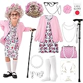100 Days of School Old Lady Costume Set with Granny Dress Cardigan Old Lady Wig Glasses Grandma Dress Up Outfits 13Pcs