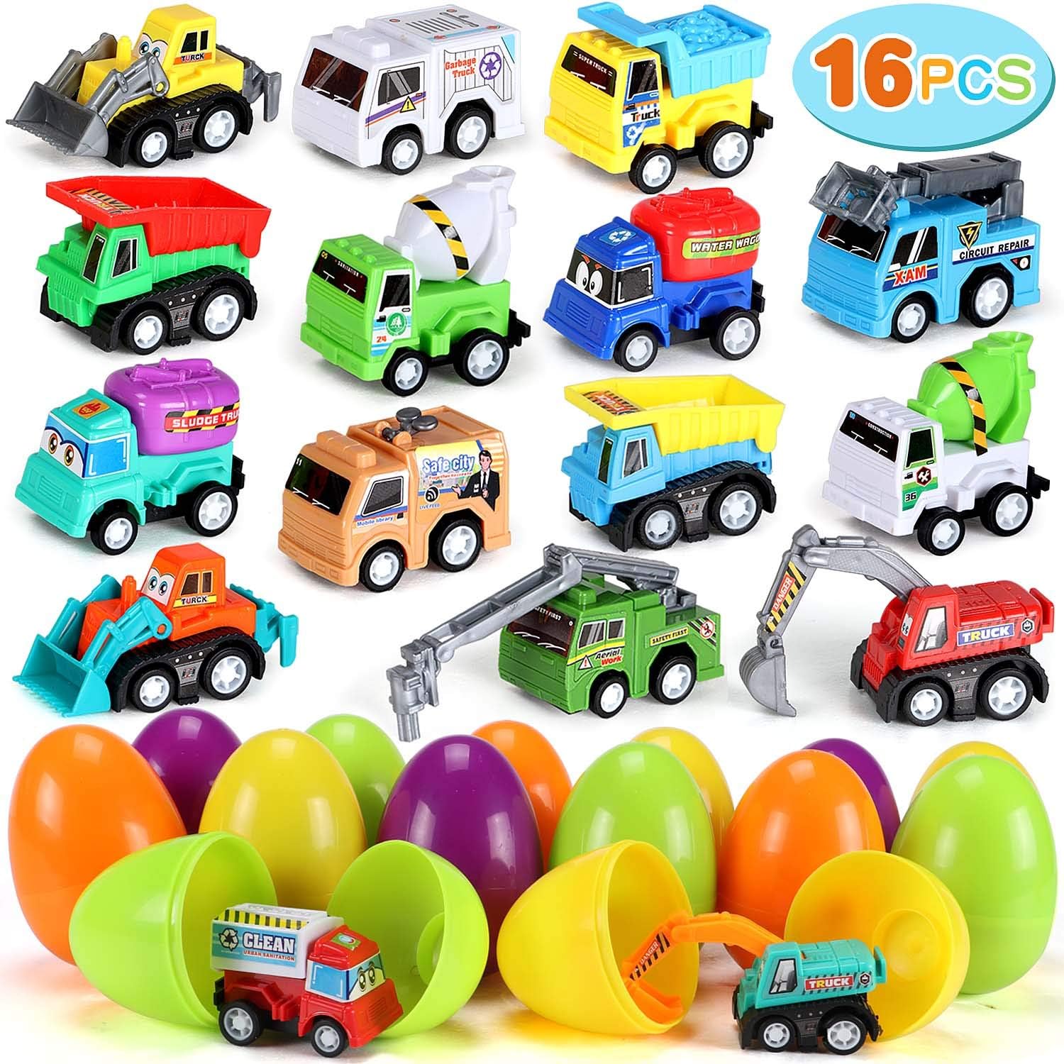 COGGIFEL 16 PCs Filled Easter Eggs Plastic Filled with 16 PCs Pull Back Construction Vehicles Party Suppies Easter Hunts Surprise Eggs Boys Kids