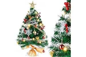 Siebwin Mini Christmas Tree, 2Ft /24inch Green Tabletop Artificial Christmas Trees with Led String Light, Tree Topper, Christ