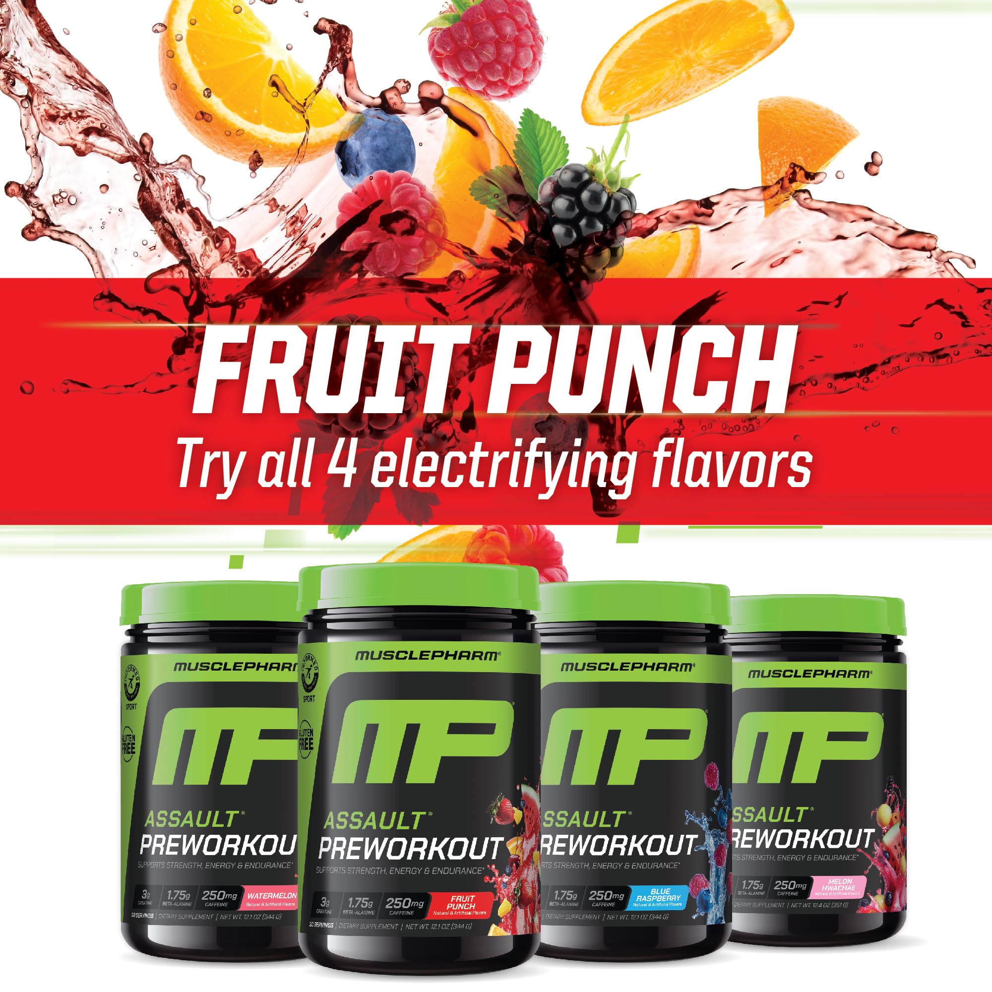 Muscle Pharm Assault Energy & Strength Pre Workout Powder for Men & Women with Beta Alanine, Caffeine, Creatine & Betaine Anhydrous, Pre-Workout Supplements, 30 Servings, Fruit Punch Flavor
