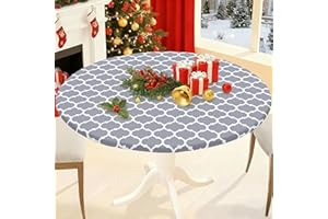Smiry Round Picnic Tablecloth, Waterproof Elastic Fitted Table Covers for 36" - 44" Tables, Wipeable Flannel Backed Vinyl Tablecloths for Camping, Indoor, Outdoor, Grey & White