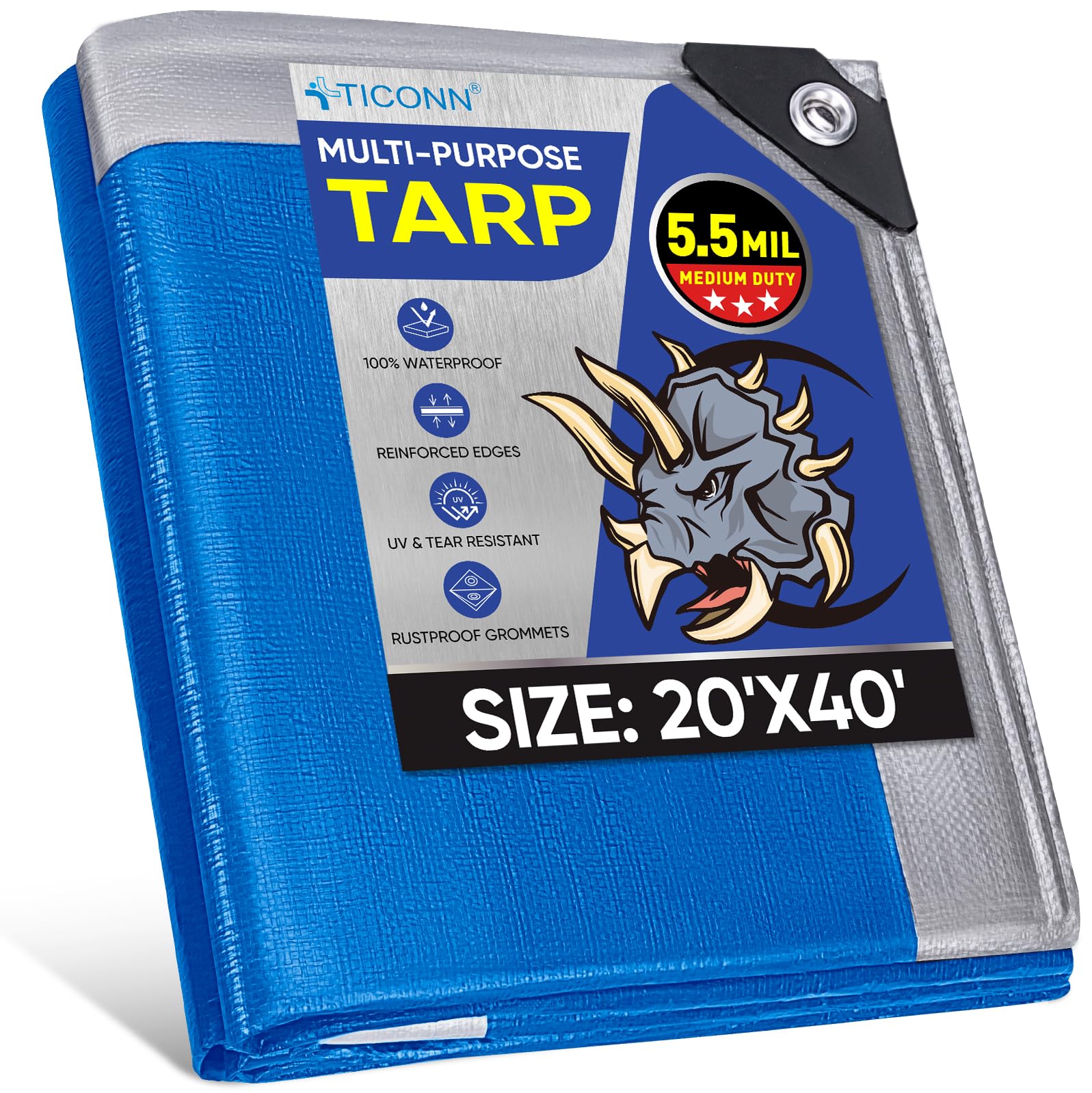 TICONN Heavy Duty Tarp Cover, Extra Thick Tarps Waterproof Tear and Rip Proof UV Resistant Tarpaulin with Reinforced Grommets and Edges (5.5 Mil, 20'×40') Image