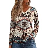 Bellelily Womens Long Sleeve T Shirts Aztec Cow Print Western Henley Tops Ladies Graphic Tees Casual V Neck Loose Fit Blouse