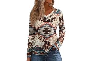 Bellelily Womens Long Sleeve T Shirts Aztec Cow Print Western Henley Tops Ladies Graphic Tees Casual V Neck Loose Fit Blouse