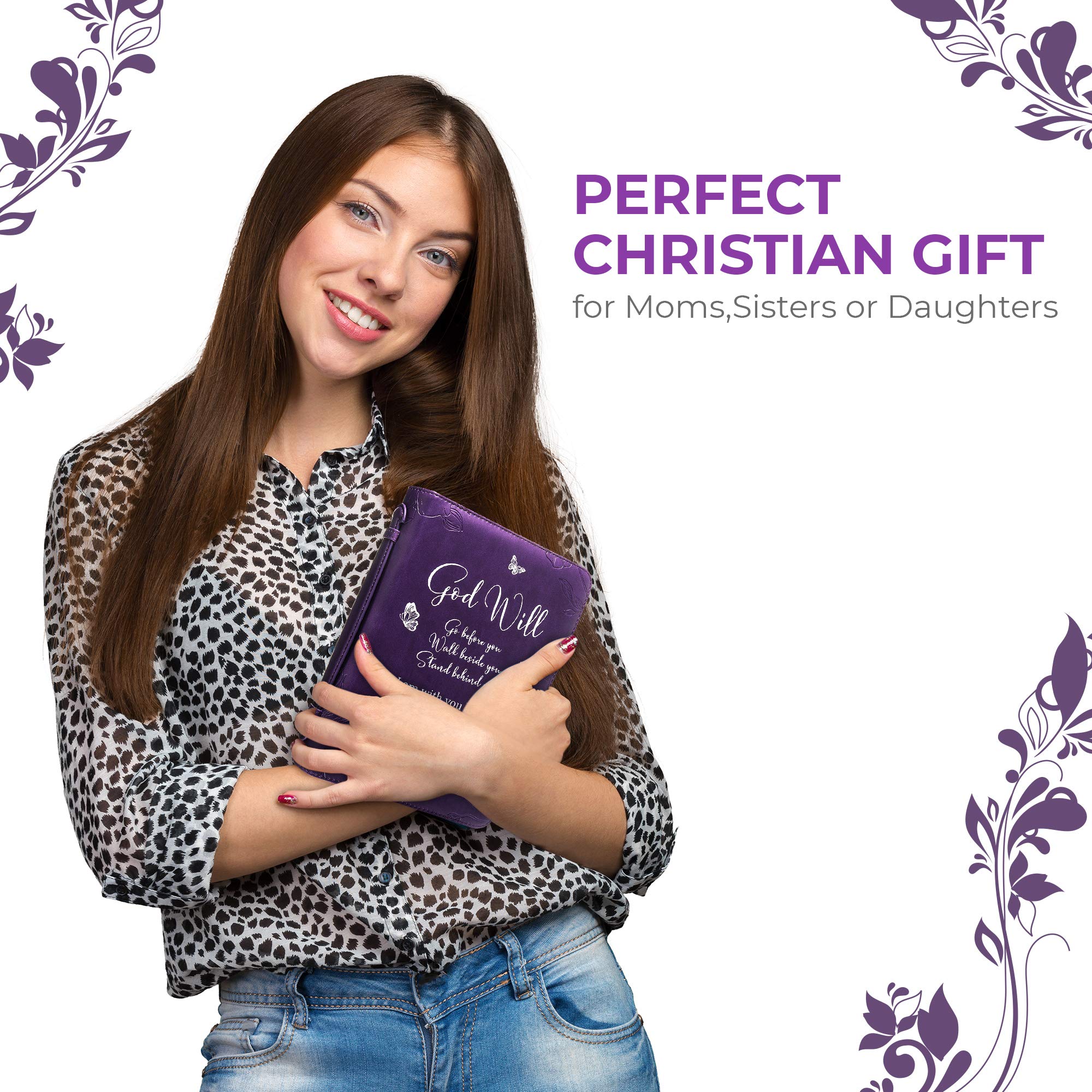 Bible Cover - Book Case in Purple with Butterflies - Blessed - Perfect Christian Gift for Women and Girls - Fits Most Popular Bible Sizes (10 x 7 x 2.5 inches) - Faux PU Leather