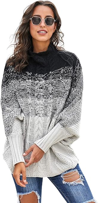 ITBCLOVE Womens Color Block Sweaters Turtleneck Knitted Pullover Batwing Sleeve Oversized 