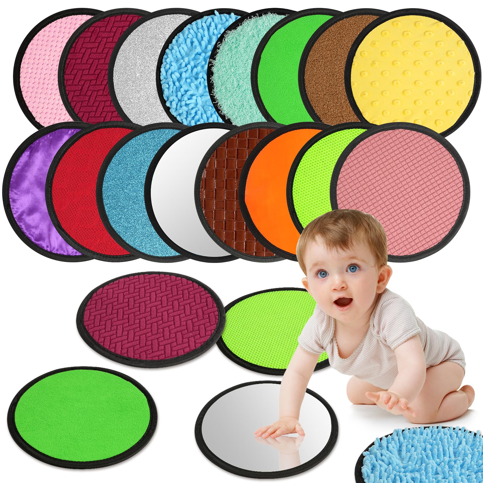Vicloon Sensory Mats, 16 PCS Mini Tactile Sensory Tiles, Sensory Toys for Autism, Sensory Room Equipment Sensory Walls for Kids Toddler Fidgeting (Round)