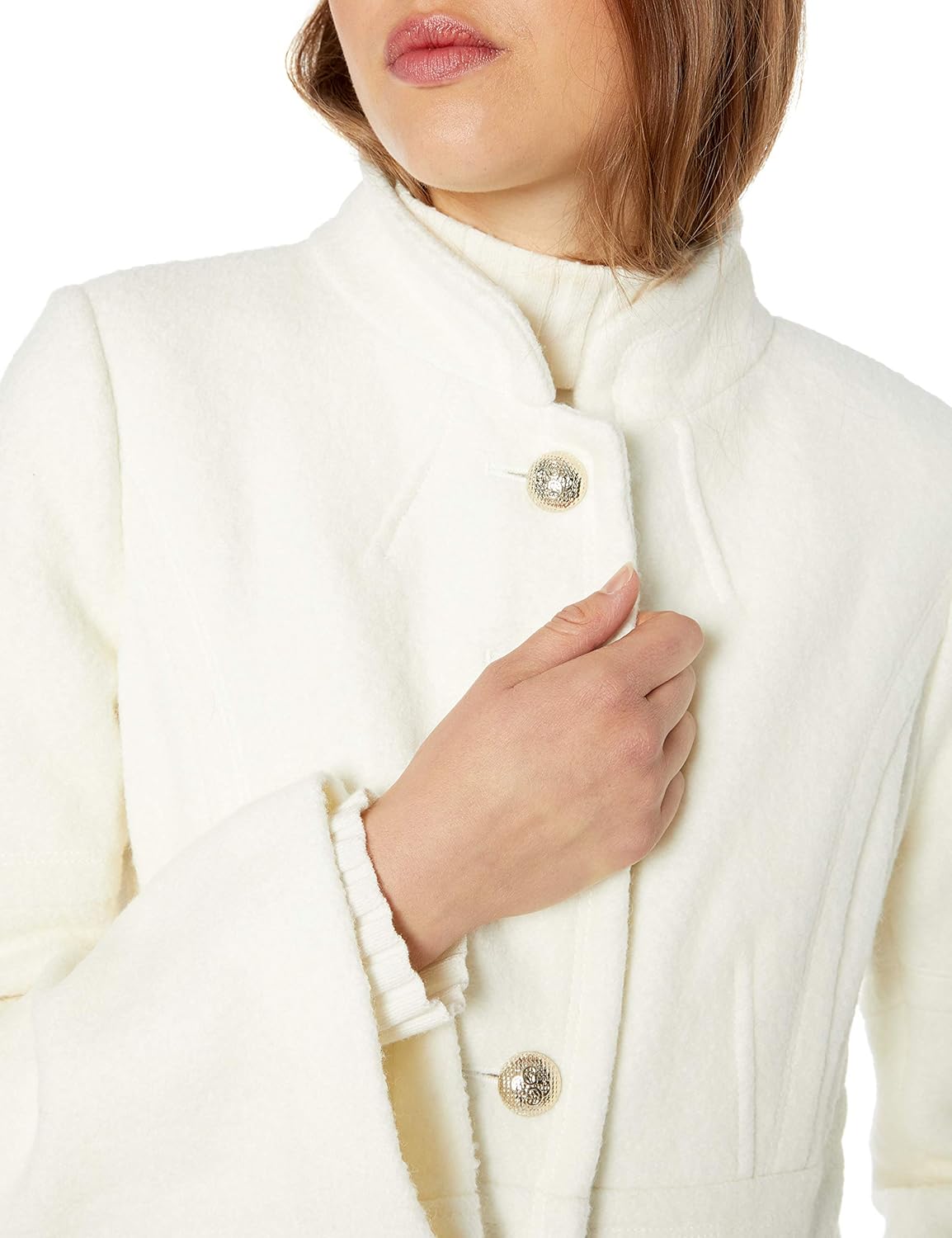 GUESS Women's Removable Faux Fur Collar Boiled Wool Coat: Clothing