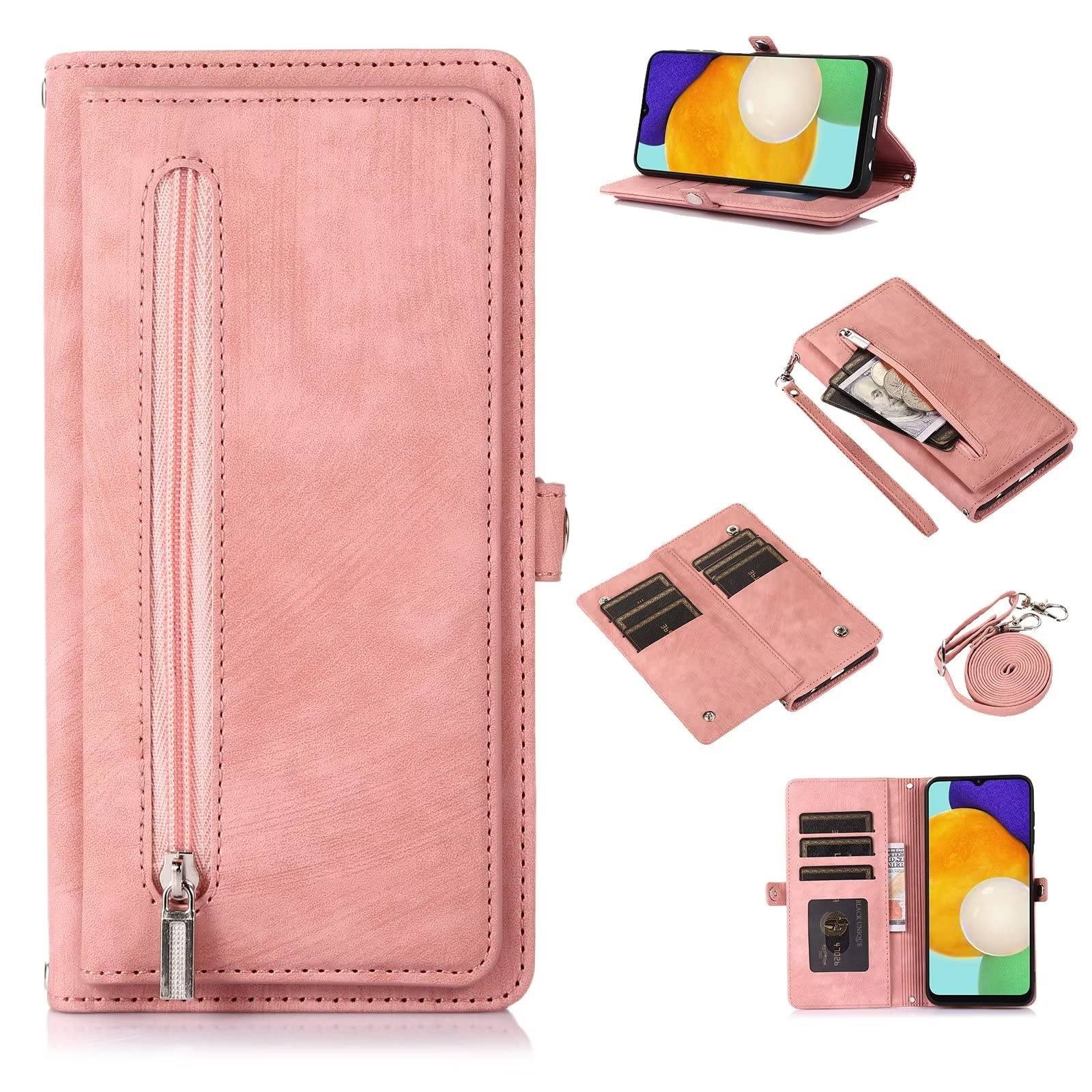 ESONG Case for Xiaomi Redmi Note 12 Pro+,Premium Leather Flip Zipper Wallet Cover with[9 Card Slots][Magnetic Closure][Wrist Strap][Kickstand]Full Body Protection Crossbody Phone Case,pink