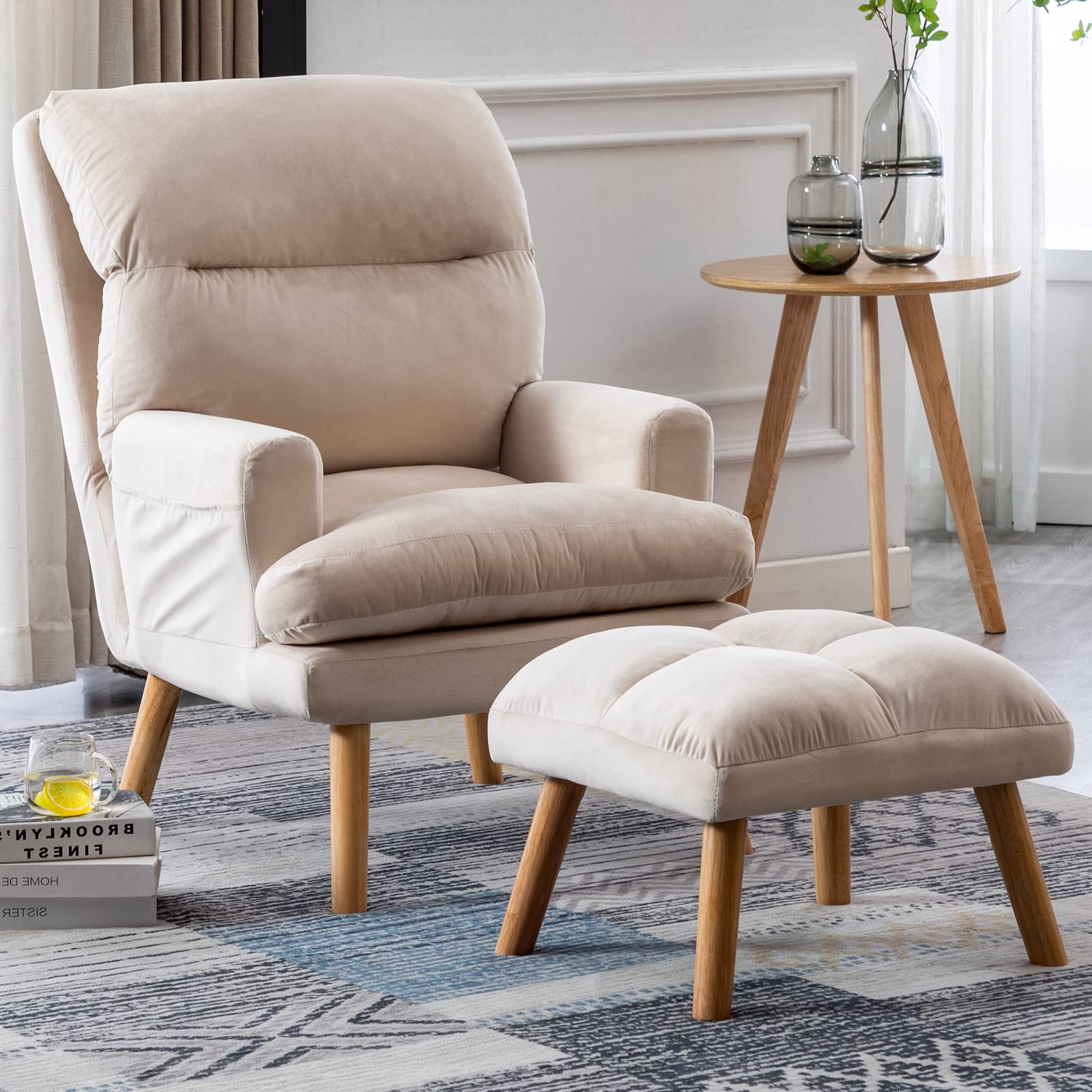 CANMOV beige modern accent chair with ottoman