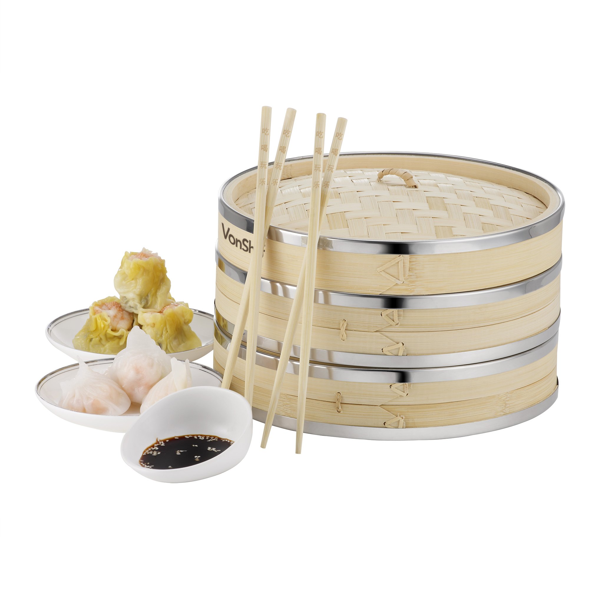 VonShef Premium 2 Tier Bamboo Steamer with Stainless Steel Banding Includes 2 Pairs of