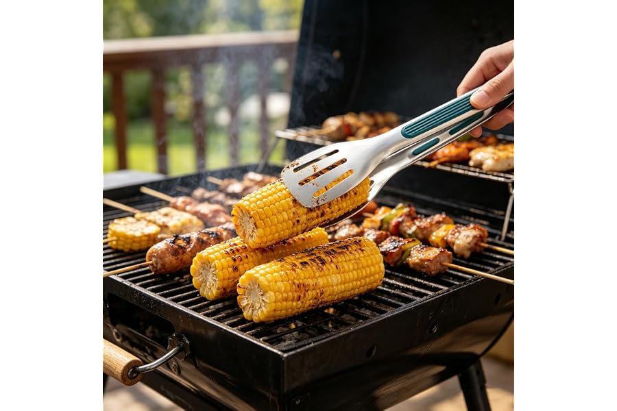 Stainless Steel Kitchen Cooking Tongs with Silicone Grip, 7 Inch Food Tongs with 3-Slot Hollow Design, Metal Cooking Tongs for BBQ, Grilling, Frying, Serving, Salad, Buffet