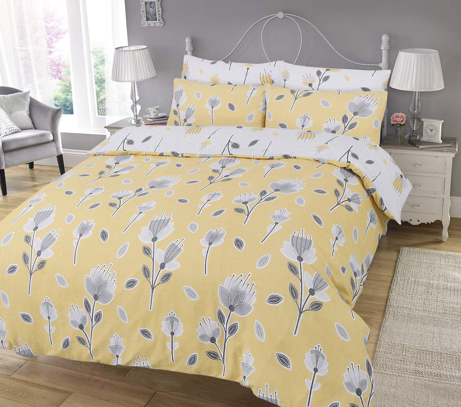 Lyallpur Classic Reversible Polycotton Duvet Quilt Cover Sets with Pillow Cases (Geo Floral Ochre, Super King)