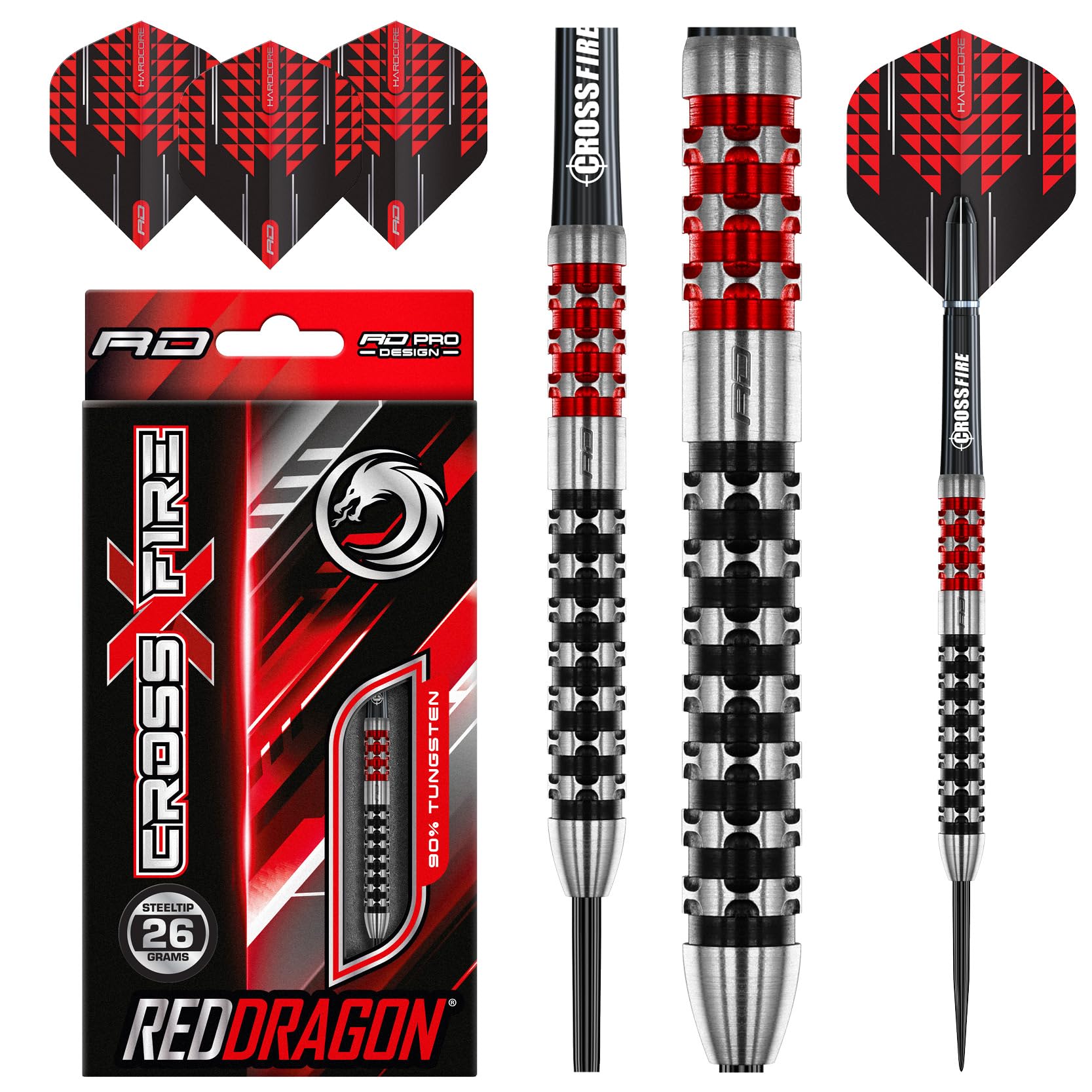 RED DRAGON Crossfire 26g Professional 90% Tungsten Steel Tip Darts Set – Evolved Styling with Hardcore Extra Thick Flights & Carbon Short Stems