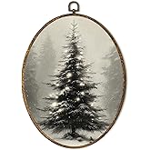 EGVQK Vintage Christmas Tree Oval Wall Art, Rustic Winter Tree Framed Canvas Prints Wall Art, Winter Holiday Moody Christmas Oval Canvas Hanging Walls Decor for Home Bedroom Decorations, 8.5x11.5in