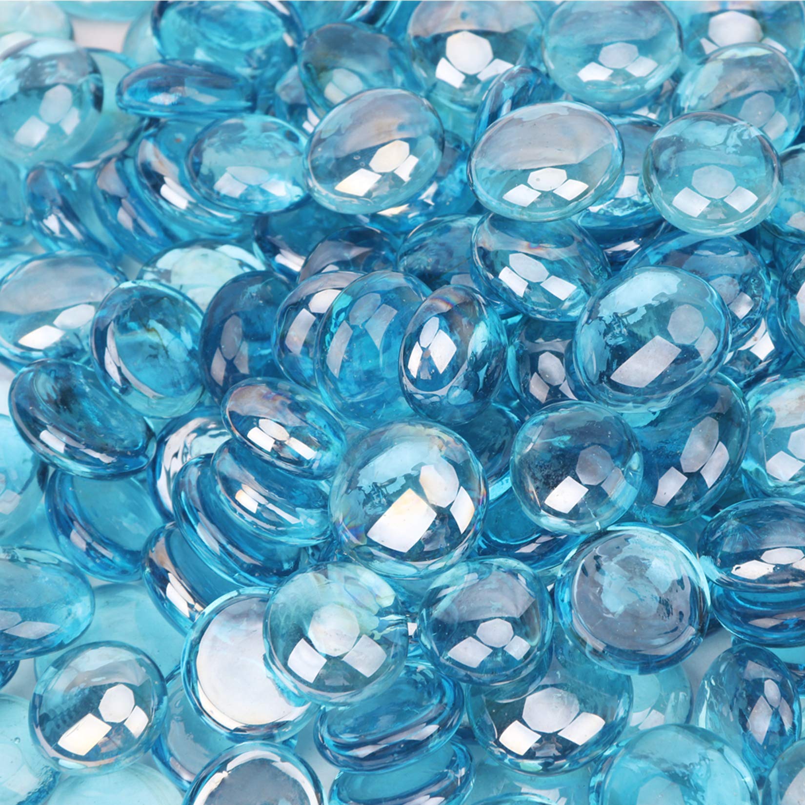 Photo 1 of [18 Pound] Fire Glass Beads Fireglass Drops for Gas Fire Pit Fireplace Azure Blue Luster Reflective Decorative Glass Gems Rocks Pebbles Stone for Vase Fillers Fish Tank Aquarium Decoration (Azure)