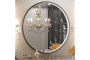 Keonjinn 32 Inch Round LED Bathroom Mirror with Lights, 3 Color Temperature Black Framed LED Vanity Mirror Frontlit Wall Moun