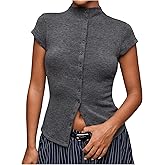 Milumia Women's Cap Sleeve Knit Top Mock Neck Button Down Slim Fit Casual Sweater Tops