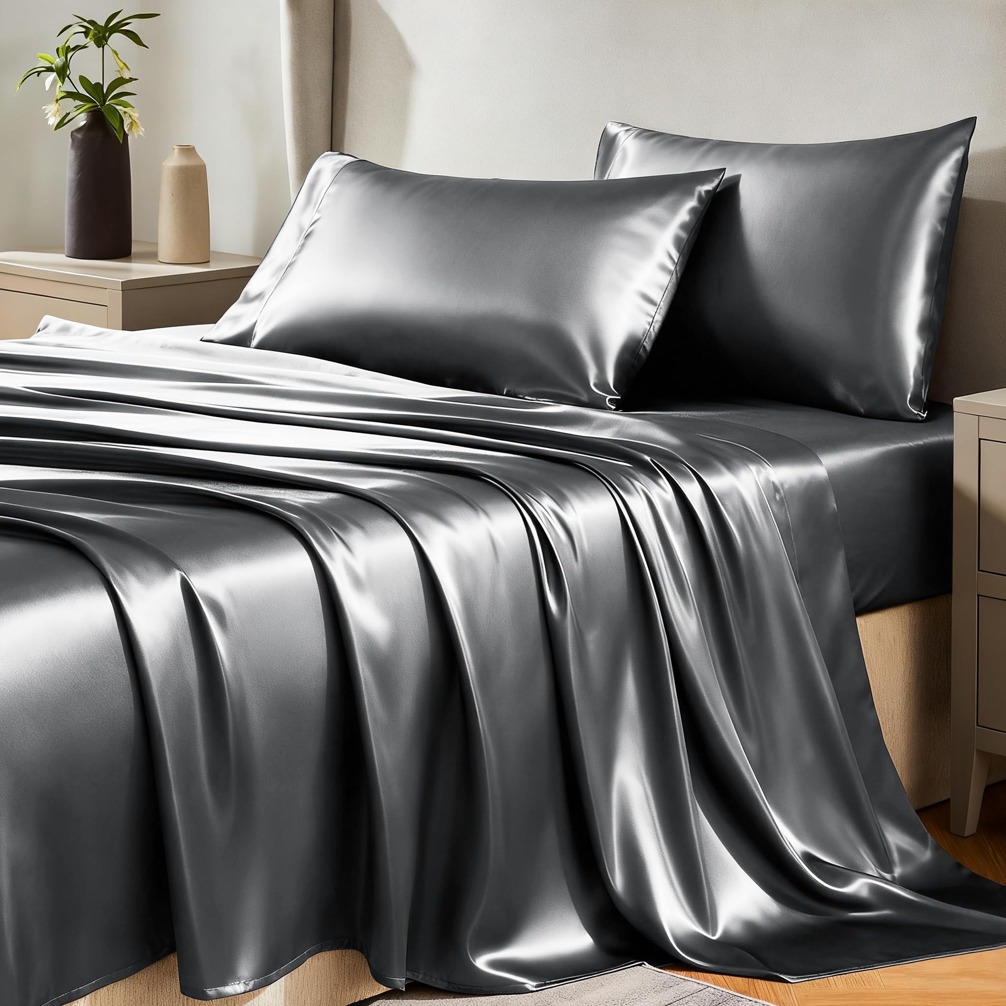 CozyLux Satin Sheets Full Size Sheets - 4 Piece Silky Full Size Bed Sheets, Luxury Dark Grey Full Bed Set with Smooth and Soft Microfiber, Includes 1 Fitted Sheet, 1 Flat Sheet and 2 Pillowcases