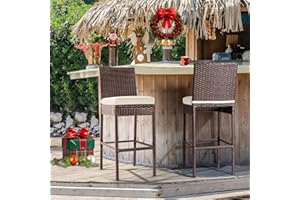 PATIO NOVAGARDEN Outdoor Bar Stools Wicker Woven Patio Stools & Patio Bar Chairs Set of 2 Counter Bar Height Stools with Footrest Armless Cushion Beige All Weather Rattan Garden Stool for Pool Lawn Porch Backyard
