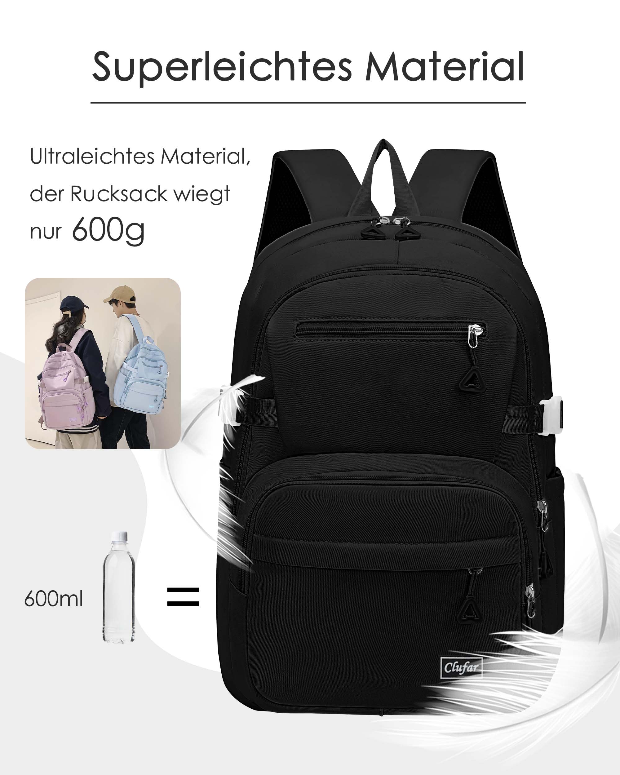 Clufar Schulranzen Jungen 5 Klasse Schwarz Leicht Schulrucksack Teenager Mädchen Wasserdicht Multi-Tasche Schultasche Mädchen Rucksack Schule Herren Schoolbag,Black 2
