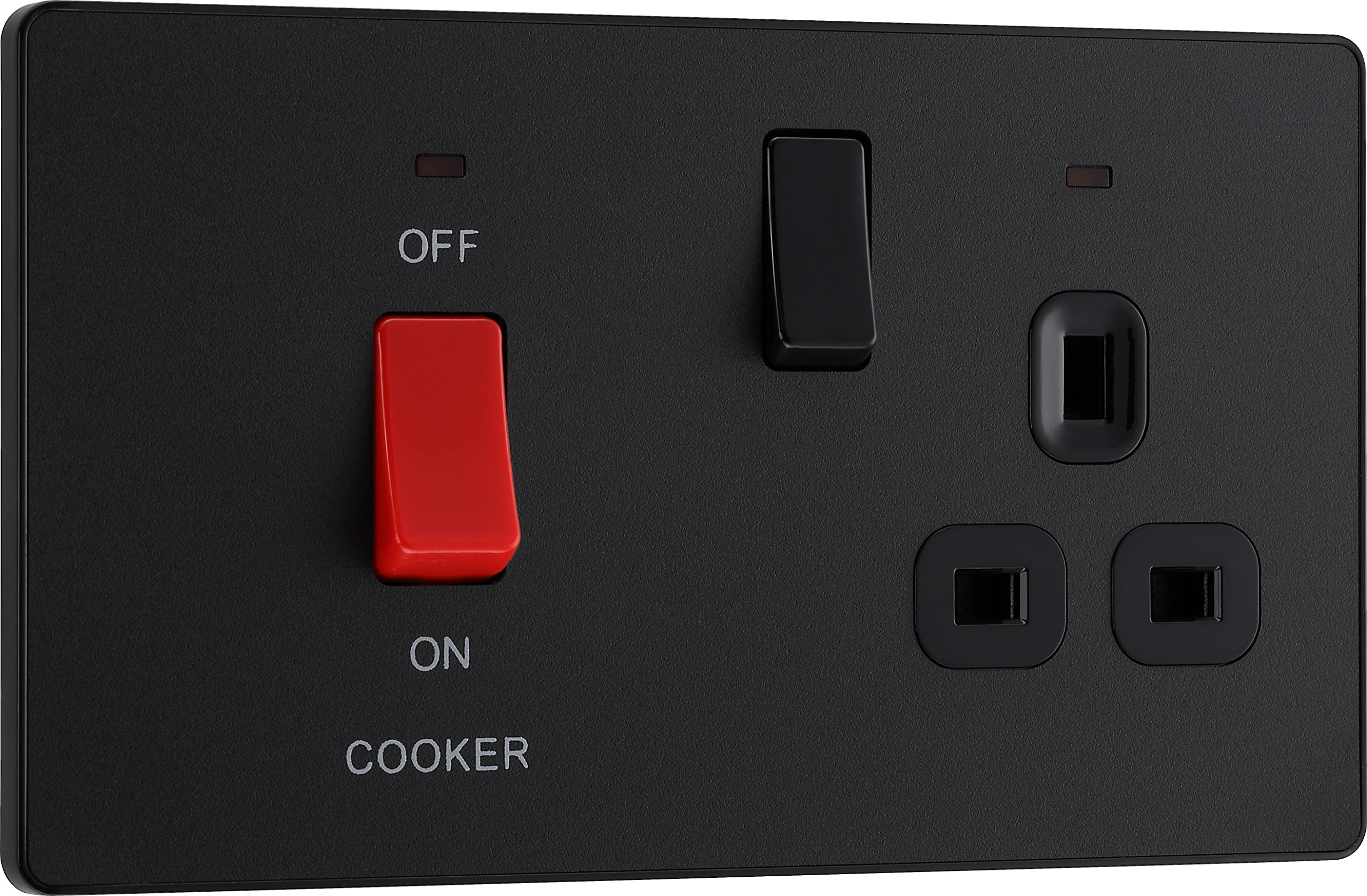 BG Electrical Cooker Switch with Socket and LED, Cooker Control Unit, Control Socket, Double Pole, Screwless Front Plate, Evolve, Matt Black, 45A, PCDMB70B
