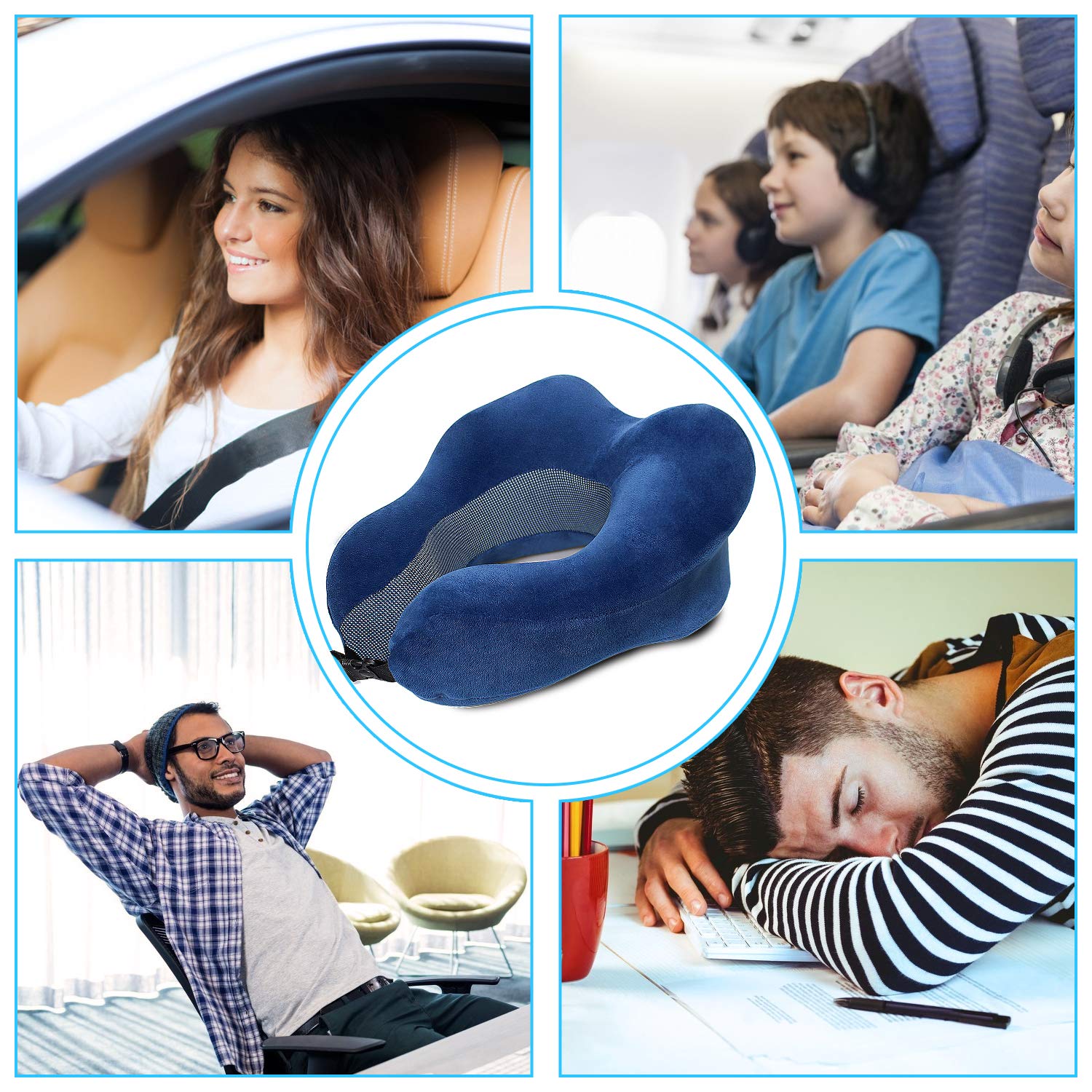 Travel Pillow, Comfortable & Breathable 100% Pure Memory Foam Neck Pillow for Traveling Car Airplane Bus Train with Portable Drawstring Bag(Adult Size, Blue)