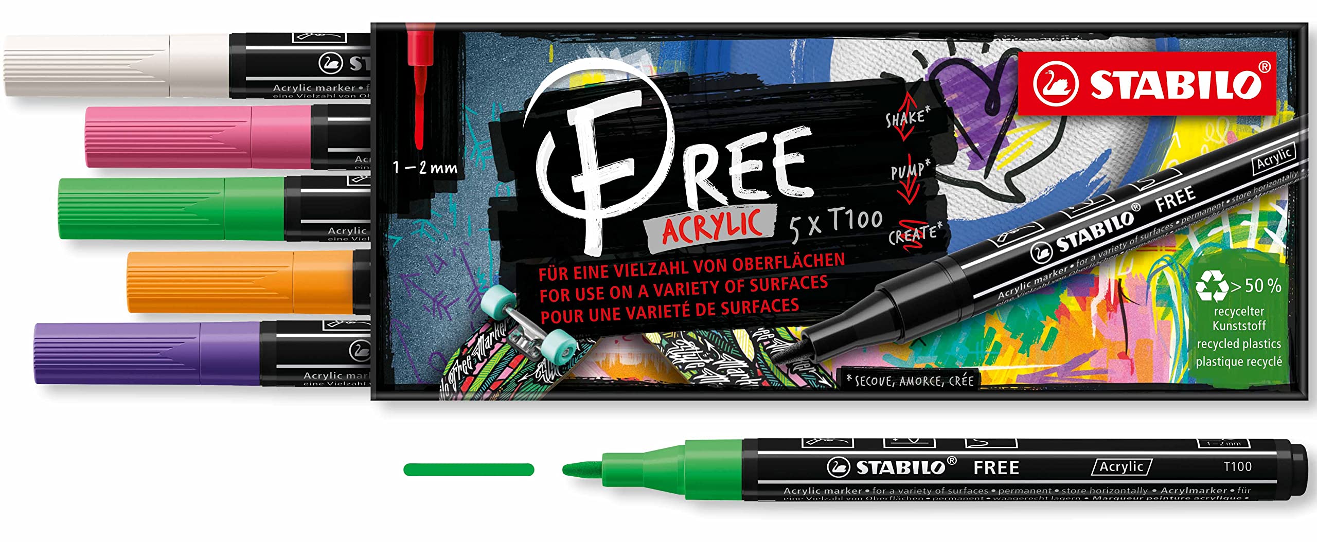 STABILO Acrylic Marker FREE Acrylic - T100 1-2 mm Bullet Tip Spring - Wallet of 5 - Assorted colours