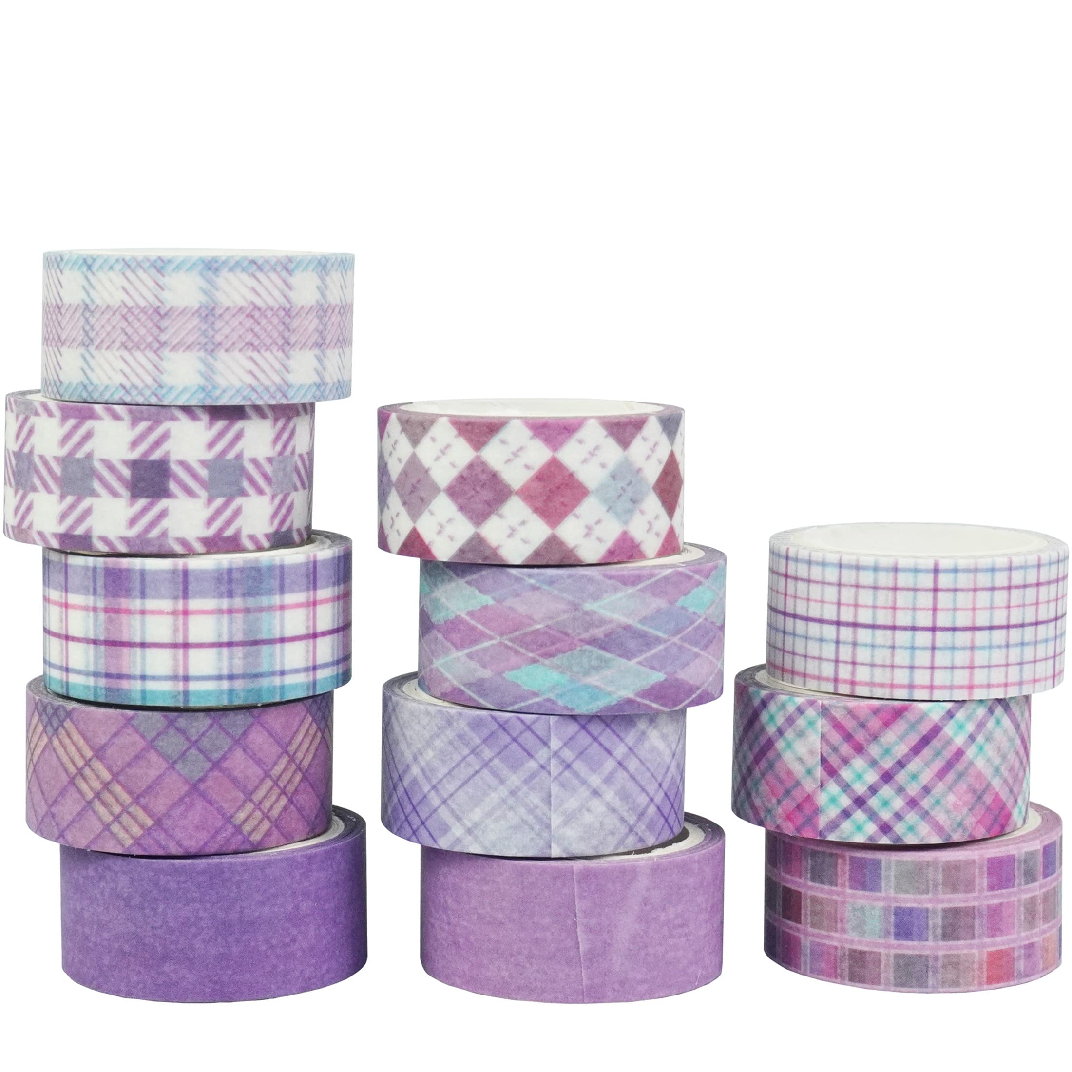 YUBX Basic Grid Washi Tape Set 12 Rolls Plaid Decorative Masking Tapes for Arts, DIY Crafts, Journals, Planners, Scrapbook, Wrapping (Purple)