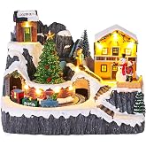 MEETYAMOR Christmas Village, Lighted Christmas Village Houses Set with Moving Train &amp; Trees Figurines, Winter Snowy Christmas Town Scene for Home Indoor Mantel Tabletop Collection Buildings Decor