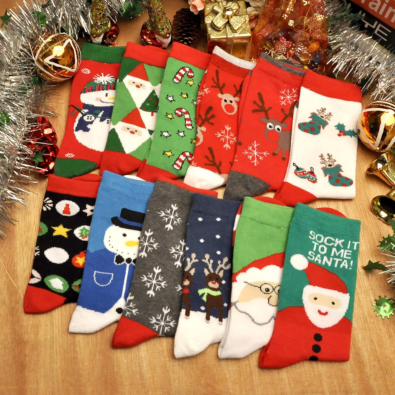 Ayliss 12Pairs Women\'s Cute Pattern Colorful Cotton Screw Socks,Christmas Style