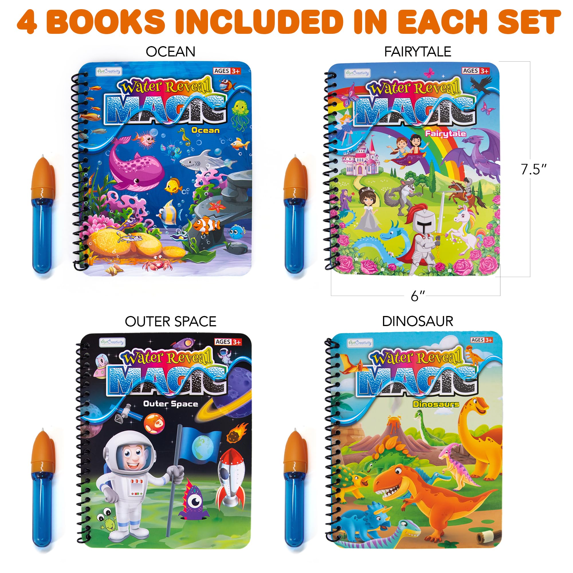 ArtCreativity 4 Pack Magic Water Coloring Books for Toddlers, Reusable Magic Water Pen Coloring Books for Kids - Mess Free Water Art Book for Toddlers - Travel Activity Toys, No-Mess Coloring