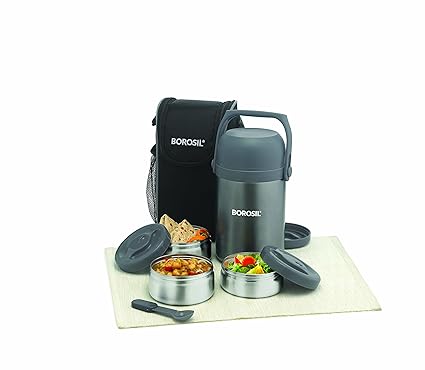 Borosil Hydra Hot-N-Fresh Stainless Steel Lunch Box Set, 3-Pieces, Silver
