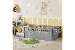 MIRIGHTONE Twin Size Montesori Floor Bed for Kids, Floor Bed with High Fence Rails, Wood Playhouse Beds with No Slats for Baby Boys Girls Teens, Gray